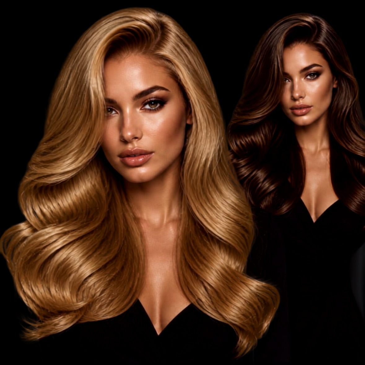 Two models: a blonde model with long, glossy golden waves in the foreground and a brunette model behind her